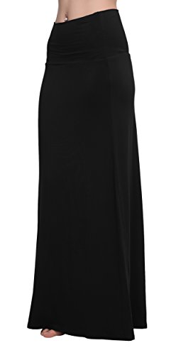 Urban Coco Women's Stylish Spandex Comfy Fold-Over Flare Long Maxi Skirt(L, Black) #TOP3