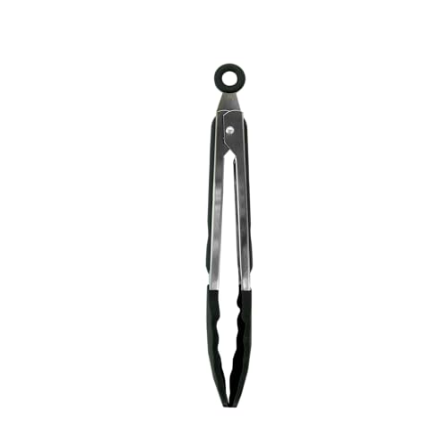 Fackelmann Pinzas de cocina de acero inoxidable, con función de bloqueo, cabeza de silicona de concha de vieira/almeja, mango TPR, 27 cm, plata y negro