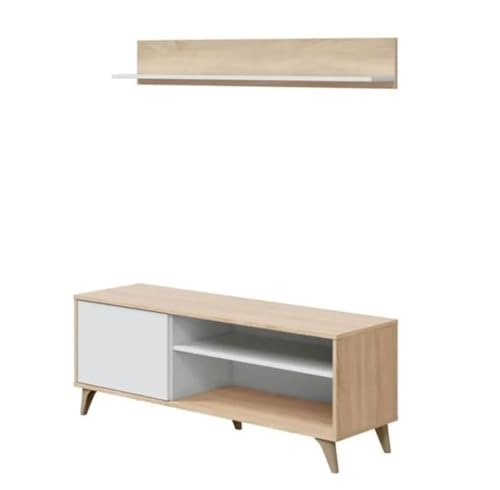 PEGANE Ensemble Meuble TV + étagère Murale en mélamine Coloris Blanc Artik/chêne Canadian