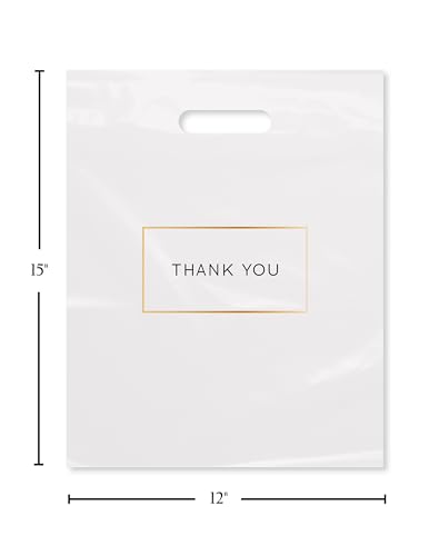 Purple Q Crafts Die Cut Plastic Shopping Bags with Thank You Logo 12\" x 15\" Boutique Bags with Handles 100 Pack for Merchandise, Gifts, Trade Shows and More