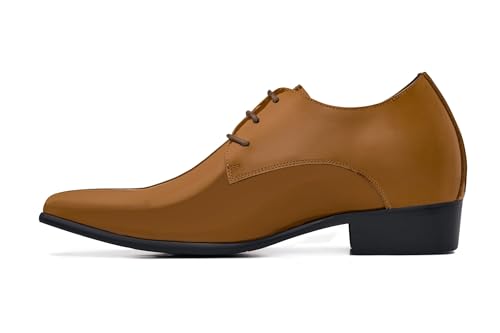 Image of CALTO Men's Invisible Height Increasing Elevator Shoes - Light Brown Patent Leather Lace-up Formal Dress Oxfords - 2.8 Inches Taller - K2728 - Size 6 D(M) US