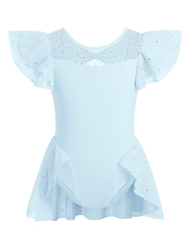 IBAKOM Ballet Leotards for Girls Sheer Mesh Rhinestone Neck Ruffle Sleeve Kid Gymnastics Leotard Bowknot Back Half Skirt Ballerina Dance Dress Little Princess Lyrical Dance Outfits Blue 5-6 Years