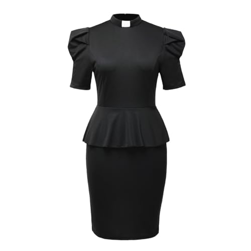 Image of Church Clergy Dresses for Women Minister Short Sleeve Ruffle Slim Pencil Dress with Tab Collar