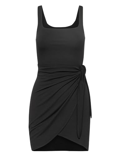 Image of LuFeng Summer Sexy Square Neck Sleeveless Ruched Tie Waist Mini Dress for Women Party Club Tank Dress