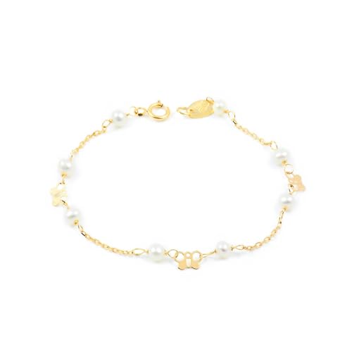 Pulsera Bebe oro Mariposa con perlas - Estuche Regalo - Certificado de Garantía - Mondepetit