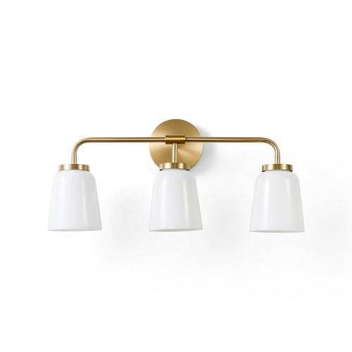 Image of 3 Light Bathroom Vanity Light in Brushed Gold Finish - 24 inch Modern Gold Vanity Light with Milk Glass Shade - Gold Bathroom Light fixtures Over Mirror (Bulb Included)