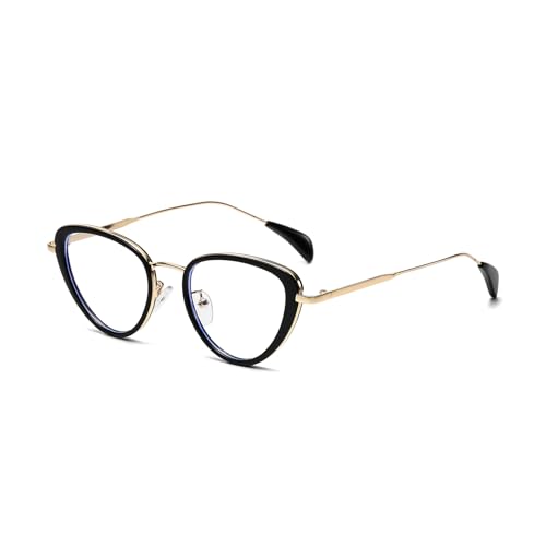 LJCZKA Gafas Luz Azul Para Mujeres Montura de Metal Ojo De Gato Retro Con Cristal Transparente Gafas Ordenador Antirreflejos Videojuegos Para Combatir Antifatiga El Dolor De Cabeza (NegroOroClaro)