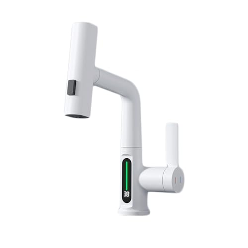 Grifo moderno para fregadero de cocina con pantalla LED inteligente de temperatura, boquilla extraíble de 3 modos, latón de una sola manija, diseño híbrido de una sola palanca, color blanco