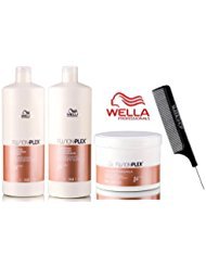 Wella FUSION PLEX Intense Repair Shampoo, Conditioner & Mask TRIO SET (with Sleek Steel Pin Tail Comb) (33.8 oz + 16.9 oz - LARGE TRIO Kit)