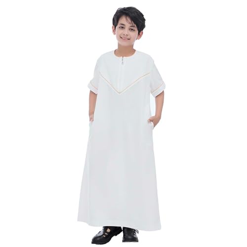 Boys Muslim Abaya Islamic Thobe Short Sleeve Arab Ramadan Prayer Clothes Teen Kids Middle East Dubai Festive Thobes White