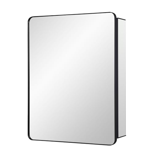 Image of IDYLLOR Black Bathroom Mirror Medicine Cabinet with Round Corner Framed Door 20 x 26 inch, Recessed or Surface Mount, with Adjustable Glass Shelves