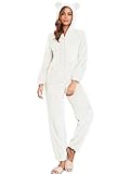 HOTIAN Fleece Onesie Pajamas for Women Fuzzy Sherpa Hooded Romper One Piece Winter Sleepwear Flannel Pajama Jumpsuit(Beige-S)