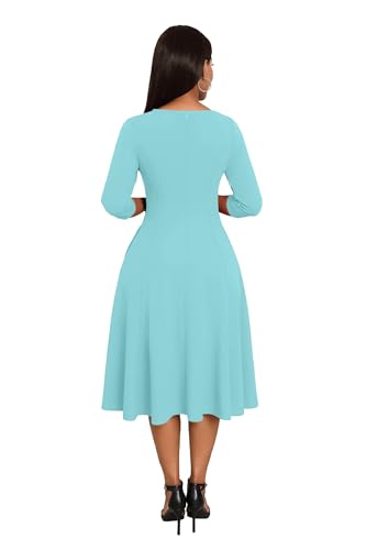 Image of Nmoder Midi Dresses for Women A-Line Fit and Flare Dress 3 /4 Sleeve V Neck Cocktail Wedding Guest Work Dress with Pockets