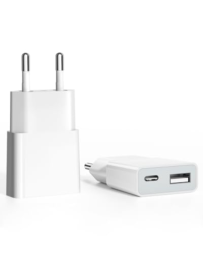 SCHITEC 2Pack Cargador USB de 5W 5V/1A 2 Puertos USB C + USB A Adaptador de Enchufe para iPhone, Lector de Libros Electrónicos, Xperia, MP3, Smartphone Galaxy S8,Huawei