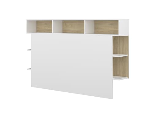 Mobelcenter, Cabecero de Cama Horizon con Estantes, para Camas de 135, 150 y 160 cm, Blanco y Roble Natural, Medidas: Ancho: 162 cm x Fondo: 23 cm x Alto: 100 cm (1599)