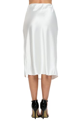 RENEEC. Women Solid Satin High Waist Elastic A Lined Slit Midi Skirt - Made in USA4