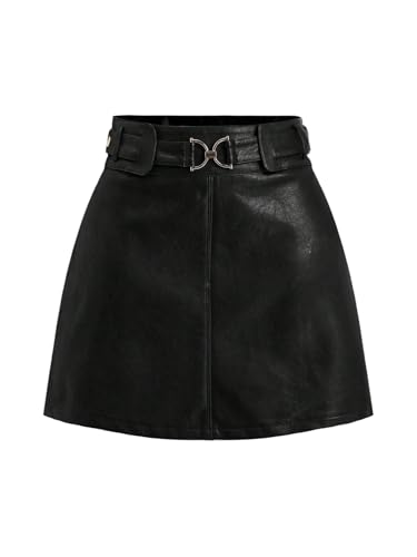 Verdusa - Verdusa Women's PU Leather Mini Skirt - Buckle Belted A-Line Skirt in Black - Best Deal on Amazon