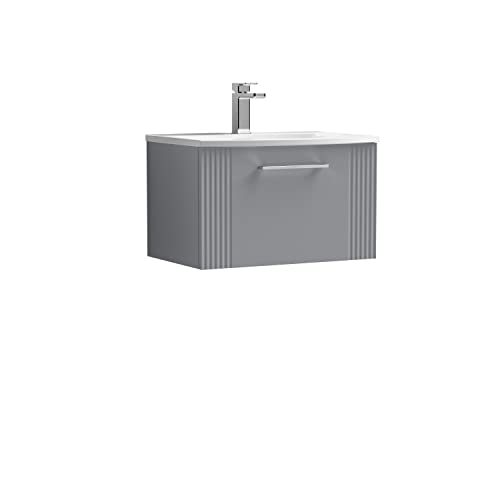 nuie DPF294G Deco Modern Bathroom Wall Hung 1 Drawer Part Fluted Vanity Basin Unit with Curved Ceramic Basin, 600mm, Satin Grey