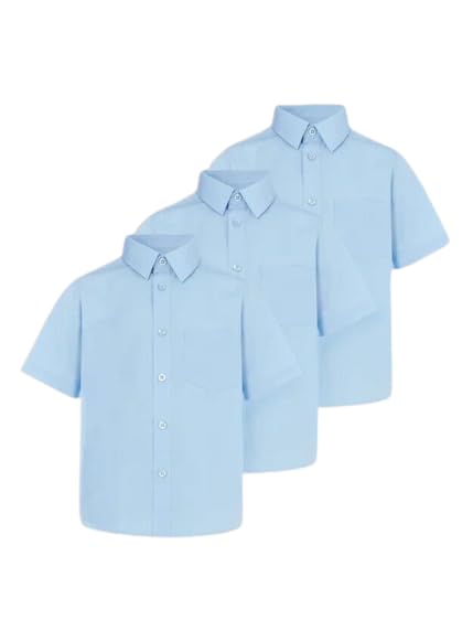 UniMark Paquete de 3 camisas de manga corta para uniforme escolar para niños, camisas escolares para niños, color blanco y azul claro, ropa de trabajo para hombre, camisas cómodas