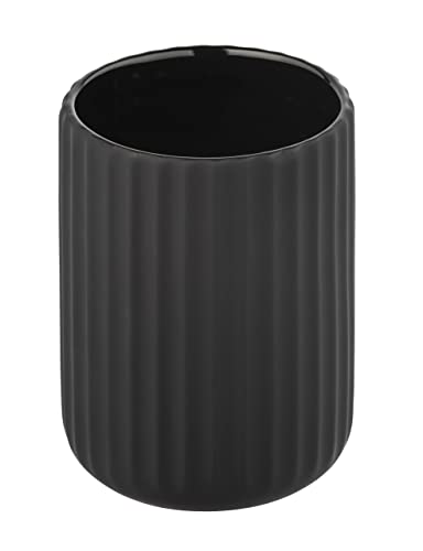 WENKO Zahnputzbecher Belluno, hochwertiger Zahnbürstenhalter für Zahnbürste und Zahnpasta aus edler Keramik mit modernen Rundungen, geriffelte Soft-Touch Oberfläche in mattem Schwarz, Ø 8 x 11 cm
