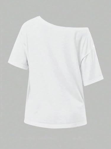 Image of SXV STYLE Women's Casual Letter Print Asymmetric Neck Loose Short Sleeve T-Shirt,