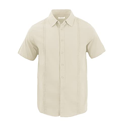 Image of JEKAOYI Mens Casual Linen Cotton Button Down Short Sleeve Shirts Cuban Camp Guayabera Beach Tops