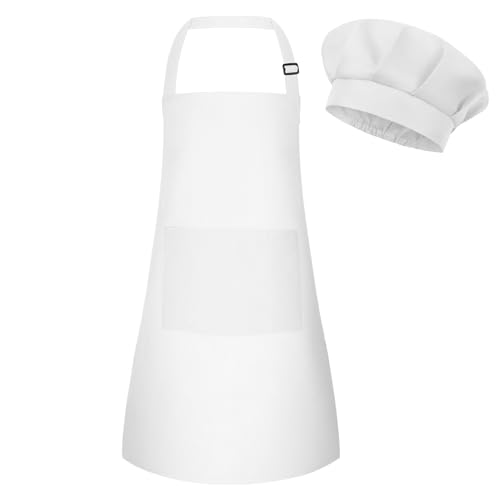 BOUBONI Ensemble de Tablier et Toque de Chef pour Enfants Ajustable avec 2 Poches - Toque de Chef et Tablier pour Enfants pour la Cuisine, la Pâtisserie et la...