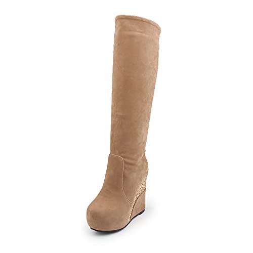 UniqueStride Womens Glitter Wedge Knee High Boots Platform High Heel Slip On Faux Suede Autumn Winter Boots2