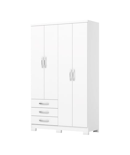 Befara Armario 4 Puertas 3 CAJONES Olinda, Blanco, 121 x 46.5 x 200 cm, Armario de 200 x 121 x 46,5 cm, 4 Puertas y 3 cajones