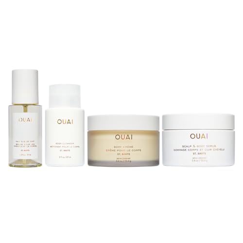 OUAI St. Barts Travel Bundle - Includes Travel Size Scalp & Body Scrub, Foaming Shower Gel, Hydrating Cream, and Hair & Body Mist (4 Count, 3.4 Oz/3.4 Oz/3 Oz/3.3 Oz)
