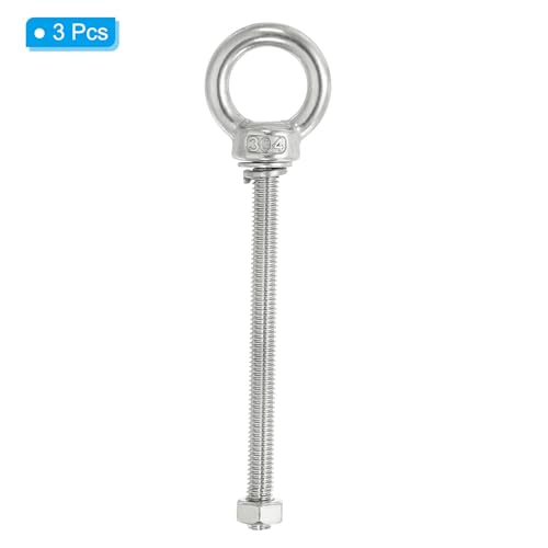 Image of PATIKIL M6 x 90mm Lifting Shoulder Eye Bolt, 3Pcs 304 Stainless Steel Lifting Ring Threaded Eyebolt with Nuts Washers for Hanging Hammocks Articles