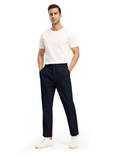 Rdruko Men's Lightweight Casual Pants Slim Fit Cotton Linen Pants Elastic Waist Summer Beach Pants with Pockets, Navy Blue, L4