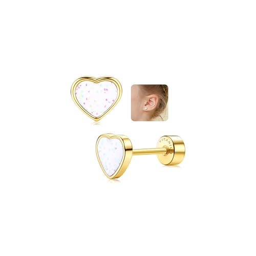 LOLIAS Pendientes Tuerca Titanio Forma Corazón Para Niñas Mujeres Oro 14 Quilates Bonitos Pendientes Pequeños Lentejuelas Hipoalergénicos Regalos Niñas Cartílago Tragus Piercing Oreja