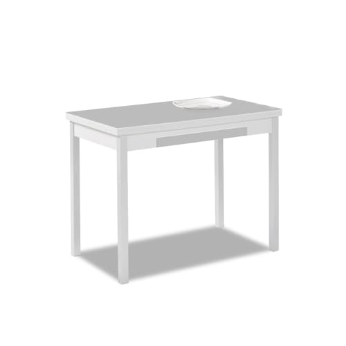ASTIMESA - Mesa de Cocina Extensible con Tapa laminada, con 2 Alas y Cajón - Estructura de Metal Blanco - Color: Gris- Mesa Cerrada: 100 cm x 60 cm. Mesa extendida: 150 x 60 cm