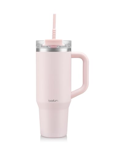 Bodum Travel Mug Tumbler 1,2 L Powder Pink – Bouteille en métal rose avec paille, poignée et couvercle – Passe au lave-vaisselle – Pour boissons...