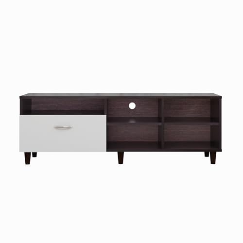 Image of VIKI Modern TV Unit for Living Room | Engineered Wood TV Cabinet with 1 Drawer Storage & 3 Open Shelves, Entertainment Unit, 140W x 48H x 40D cm | DIY | 1 Year Warranty (Wenge & White)