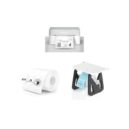 Image of MUNBYN RW403B Bluetooth Shipping Label Printer+3-Up Round Thermal Labels+Label Holder for Rolls and Fanfold Labels