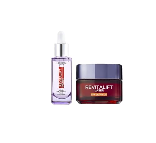 Pack L'Oréal Paris Revitalift Láser Crema de Día Anti-Edad Triple Acción, Protección Solar SPF 25, 50 ml + L'Oréal Paris Sérum Antiedad Revitalift Filler (+ Ácido Hialurónico Puro), 30 ml