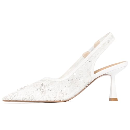 Image of Slingback Wedding Heels for Women Bridal Lace Mesh Kitten Heel Closed Pointed Toe Pearl Pumps Shoes