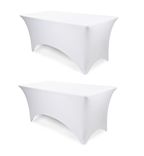 Pomp Mantel de elastano de 4 pies de color blanco elástico (paquete de 2), resistente a las arrugas y a las manchas, de fácil cuidado, se adapta a mesa rectangular de 4 pies