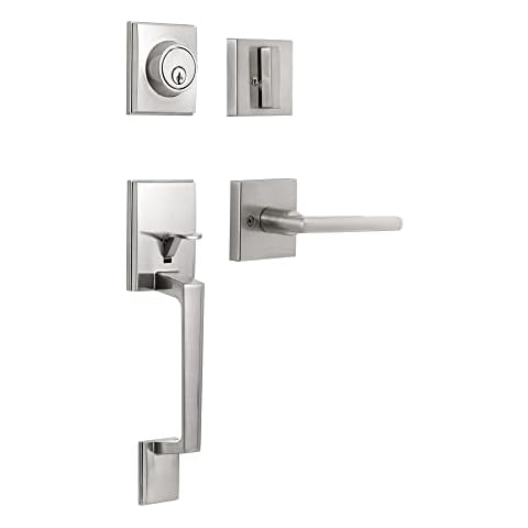 KIAYACI Front Door Lock Set Silver Door Handle Front Door Handle Sets with Deadbolt Entry Door Locksets Single Cylinder HandleSet with Straight Handle Lower Half Grip Satin Nickel Cover