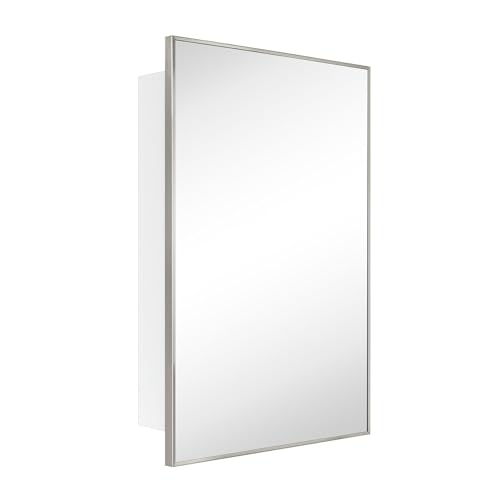 Image of TEHOME 24'' x 30'' Brushed Nickel Recessed and Surface Mount Bathroom Nickel Medicine Cabinet with Mirror Square Cornered Metal Framed Rounded Rectangle Medicine Cabinet Mirror