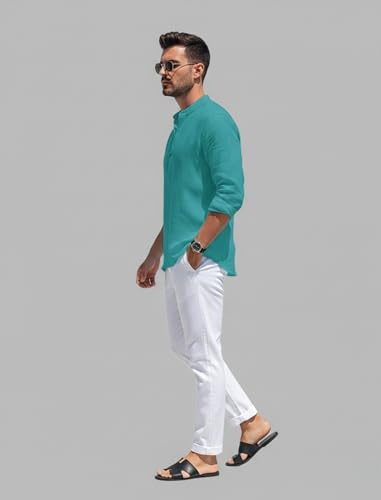 Image of Men's Cotton Blend Straight Kurta Shirt with Mandarin Collar - Slim Fit Casual Short Kurti Featuring Textured Slub Fabric and Roll-Up Full Sleeves