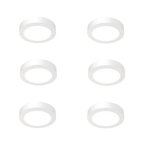 Image of Juno Slim Basics 4 Inch LED Ceiling Light, Low Profile Surface Mount Downlight for Shower or Closet Lighting, 3000K /4000K /5000K Selectable White Light, Edged Trim, Wet Rated, Matte White, 6 Pack