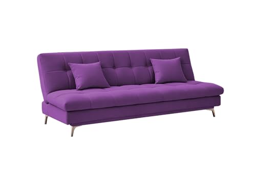 Image of Krancy Solid Wood 3 + 2 Seater Sofa Cum Bed with 2 Cushions | Convertible Wooden Couch for Living Room, Home & Office | Modern Designer Furniture | 3 Years Warranty | Purple
