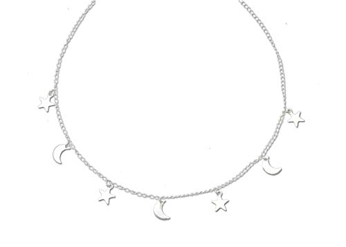 Star Moon Choker Charm Necklaces-Dainty Silver Star Moon Necklace for Women Girl Gift