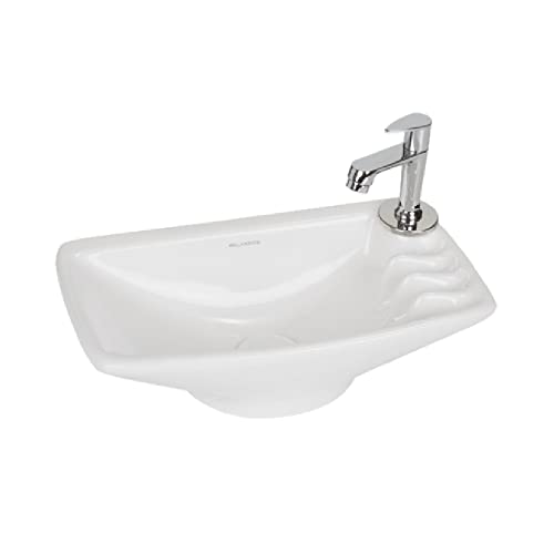 Image of Wash Basin Wall Hung Mounted Glossy Finish White Sink for Bathroom (16 x 9 x 4.5 Inch)
