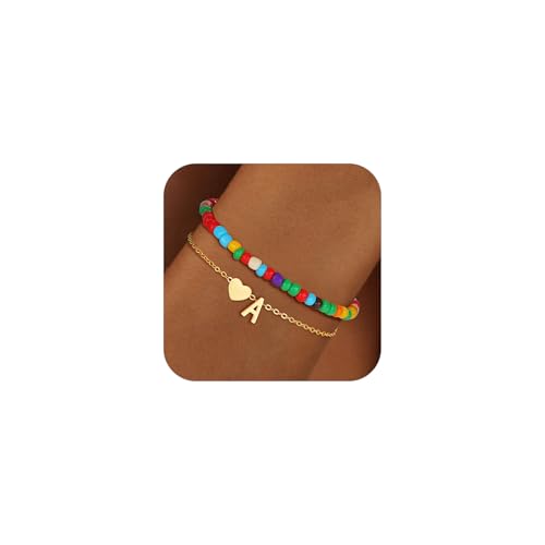 Colorful Initial Bracelets for Women Girls - 14K Gold Plated Heart Letter Bracelets Cute Bohemian Summer Jewelry Birthday Gifts for Teen Girls Back to School Gifts - Main Image