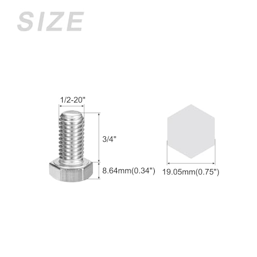 Image of METALLIXITY Hex Head Bolts (1 /2-20 x 3 /4 inch) 6Pcs, 304 Stainless Steel 18-8 Fully Threaded, External Hex Drive, Plain Finish, Hex Head Screw Bolt, Silver