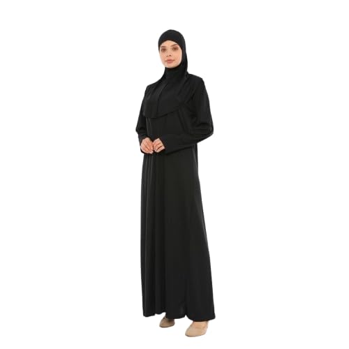 Elanesa Womens Prayer Abaya with Zipper and Headscarf Full Length Modest Muslim Dress for Salah and Daily Wear (Black L)
